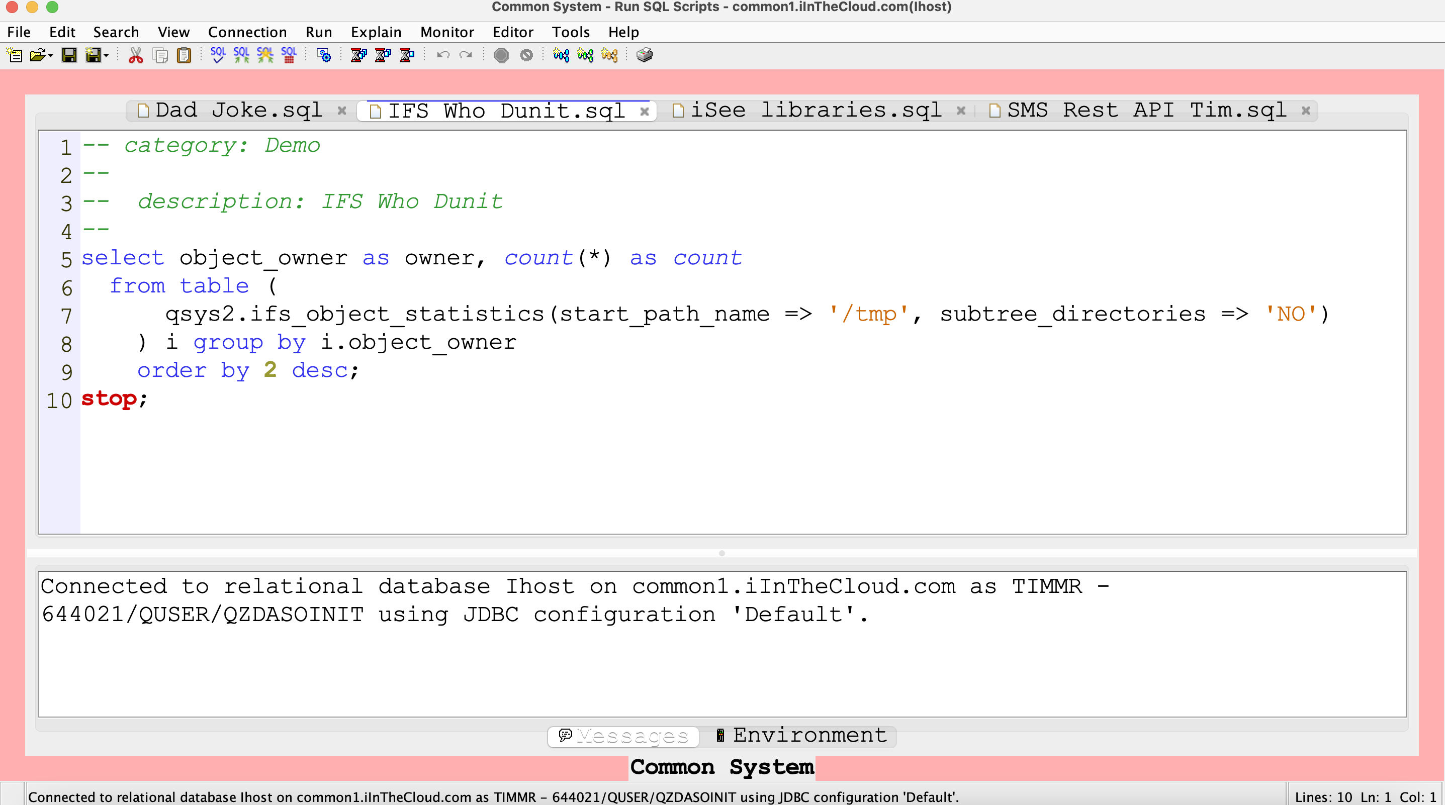 ACS Run SQL Scripts Tabs